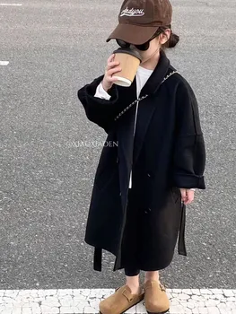 Шерстяная детская одежда в корейском стиле для девочек, осеннее новое пальто, универсальное весеннее черное пальто из шерстяной ткани средней длины