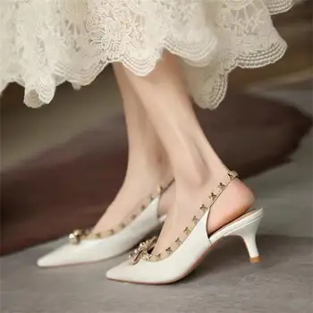 Весенне-осенние женские туфли на высоком тонком каблуке с острым носком, модные туфли на высоком каблуке с заклепками и бантом.