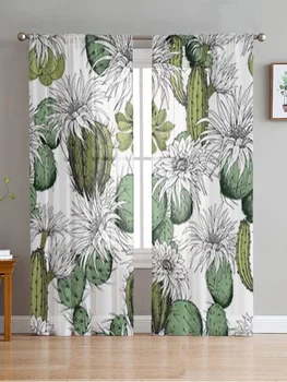 Прозрачные шторы с зелеными кактусами и белыми цветами, занавески из вуали для спальни, Занавески для гостиной, Прозрачные шторы для кухни, тюлевые шторы