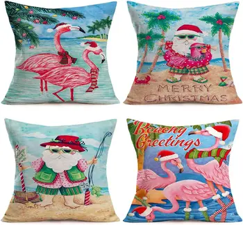 С Рождеством, Пляжная Декоративная наволочка, Тропический Фламинго, Декоративная Забавная наволочка, Льняная наволочка