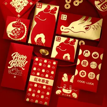 6ШТ красных конвертов на китайский Новый год, 2024 Год дракона, Хунбао, конверты с деньгами на удачу, красный пакет для украшения весеннего фестиваля