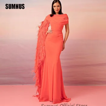 SUMNUS Оранжевые Саудовские Арабские шифоновые вечерние платья с пером Русалки на одно плечо, Арабские женские вечерние платья, платья для выпускного вечера знаменитостей
