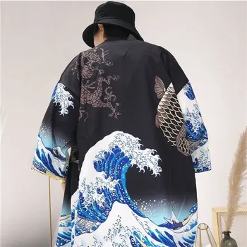 Черное Кимоно Кардиган Женское мужское Японское Оби Мужское Юката Хаори Японское пальто с волнистым рисунком карпа Традиционная японская одежда