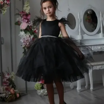 Черное платье для девочки в цветочек, перья, драгоценности, оборки, без спинки, принцесса для маленькой девочки, свадьба, День рождения, вечеринка, Первое причастие, Праздничное платье