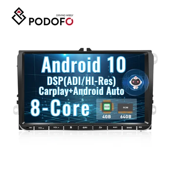 Podofo 2 Din Android Автомагнитола 9 Дюймов 4 + 64 ГБ 8-Ядерный IPS Сенсорный Экран AI Voice Android Auto Carplay Hi-Res GPS Для VW/Golf