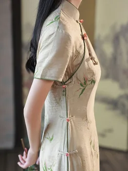 Yourqipao Летнее льняное ципао с принтом листьев бамбука, длинный Чонсам, элегантное повседневное вечернее платье в китайском стиле для банкета, Ципао для женщин