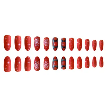 Красные овальные накладные ногти с милым и очаровательным принтом в виде снежинок Многоразовые накладные ногти для профессионального маникюрного салона