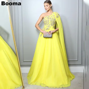 Вечерние платья Booma из желтого шифона с аппликацией из пайеток на одно плечо, женские вечерние платья с накидкой, платья для выпускного вечера А-силуэта