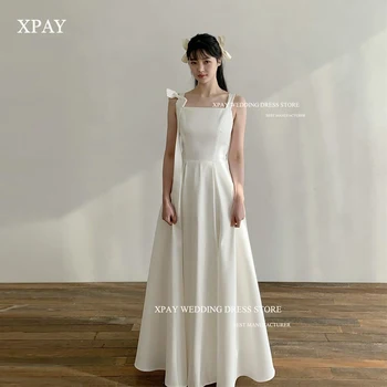 XPAY Простые свадебные платья из матового атласа трапециевидной формы, Корейская фотосессия, широкие бретельки, свадебные платья с бантом на плечах, официальная вечеринка, шнуровка сзади