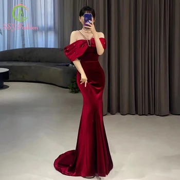 SSYFashion Новое Вечернее платье Русалки из бархата винно-красного цвета, сексуальное облегающее платье на бретельках со шлейфом для выпускного вечера, вечерние платья для женщин, Праздничное платье