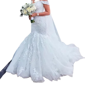 Свадебные платья с кружевными аппликациями и открытыми плечами, со стреловидным шлейфом, скромное свадебное платье большого размера