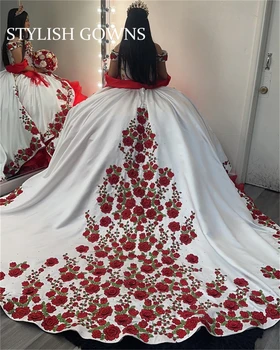 Пышные Платья С Вышивкой Из Мексиканских Красных Роз С Бантом На Шнуровке, Бальное Платье На День Рождения, Платья С Открытыми Плечами, Sweet 16