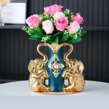 Керамическая золотая ваза в европейском стиле, обеденный стол, Аксессуары для украшения дома, креативные вазы в виде слонов