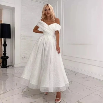 Белое свадебное платье с блестками, открытыми плечами, длиной по щиколотку, свадебные платья трапециевидной формы, романтические простые женские вечерние платья