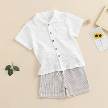 Комплект летней одежды из 2 предметов для маленьких мальчиков, футболка с коротким рукавом и эластичные полосатые шорты