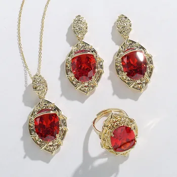 Модный комплект из трех предметов: ожерелье с подвеской из красного хрусталя, серебряная игла 925 пробы, геометрические простые серьги-подвески, кольцо + свободная цепочка