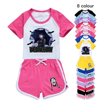 2023 Новая детская одежда для маленьких мальчиков Wednesday Addams, Летняя хлопковая футболка с коротким рукавом + шорты, пижамный комплект, косплей-костюм для девочек
