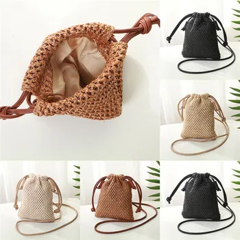 Женская соломенная сумка, ретро-ротанговая сумка-тоут, тканые летние пляжные сумки через плечо, сумка на шнурке