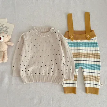 MiniAinis Осенне-зимний детский свитер с волнистой каймой + комбинезон в полоску, комплект из 2 предметов, трикотажная одежда для девочек, Детская одежда для мальчиков