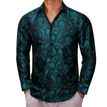 Роскошные рубашки для мужчин Шелк с длинным рукавом Зеленый Пейсли Облегающие мужские блузки Повседневные Формальные топы Дышащий Barry Wang
