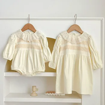 Осенне-весеннее детское платье принцессы в европейском и американском стиле с длинными рукавами, хлопковый комбинезон с кружевной отстрочкой для маленьких девочек, одежда для сестер