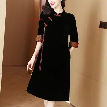 2024 традиционное китайское улучшенное бархатное платье ципао чонсам в стиле ретро с цветочным принтом, элегантное восточное банкетное вечернее платье vestido