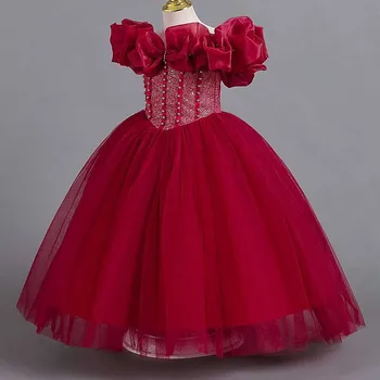 Новое детское платье с открытыми плечами, кружевное платье принцессы, свадебное платье в цветочек, детское рождественское сетчатое модное длинное платье для 3-12 лет