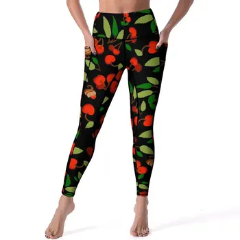 Штаны для йоги Cherries Field, женские леггинсы с принтом зеленых листьев, леггинсы для йоги в стиле ретро с высокой талией, эластичные спортивные штаны для фитнеса и бега