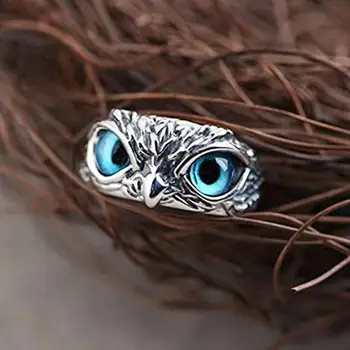 Винтажные кольца для глаз с голубой Совой, женские мужские украшения из античного серебра, Регулируемый цвет, подарок для вечеринки