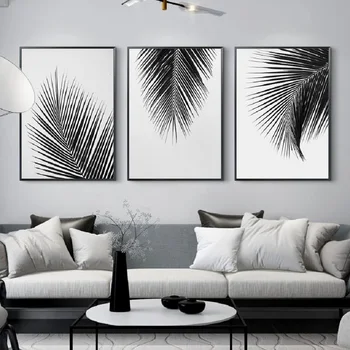 Скандинавский минимализм, черно-белые листья, картины на холсте, плакаты с тропическими растениями, настенные рисунки, декор для дома в гостиной