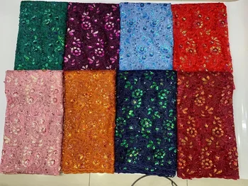 Африканские Нигерийские кружевные ткани из тюля с пайетками 2023, Высококачественная парча с вышивкой 5 ярдов, Французские кружева золотой линии для платья