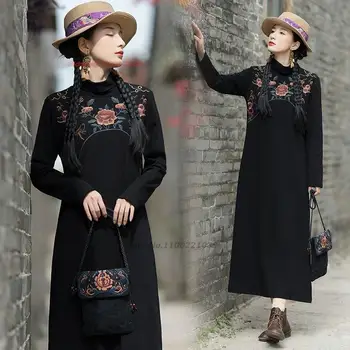 2024 китайское винтажное вязаное платье с национальной цветочной вышивкой, платье с воротником-стойкой, восточное традиционное платье, женская уличная одежда