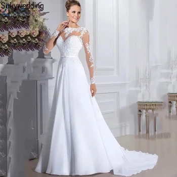 2024 Белые Шифоновые Свадебные платья Кружевные аппликации Иллюзия С длинными рукавами Винтажные платья Невесты Robe De Mariee Vestido De Novia
