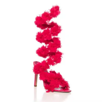 Новые летние женские босоножки на высоком каблуке-шпильке с открытым носком, обертывающие лодыжки летом 2023 года, Модные подиумные показы Rose Flower