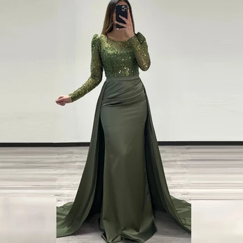 Оливково-зеленое искрящееся вечернее платье с круглым вырезом 2024 года, сексуальное платье-русалка длиной до пола, с длинным рукавом в стиле придворной моды, Дубай, Араб.