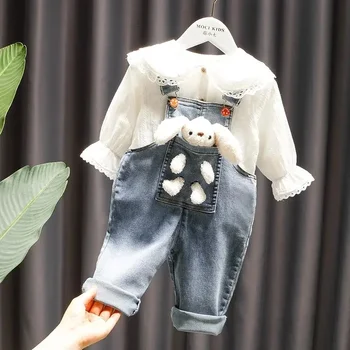Комбинезон для девочек, джинсовая рубашка, костюм из 2 предметов, детские брюки для девочек, милая рубашка для девочек 2023, новая весенне-осенняя одежда