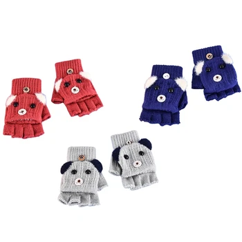 Вязаные перчатки с изображением мультяшной собаки, перчатки на полпальца с откидным верхом, мягкие Эластичные зимние перчатки, Эластичные перчатки для детей M6CD
