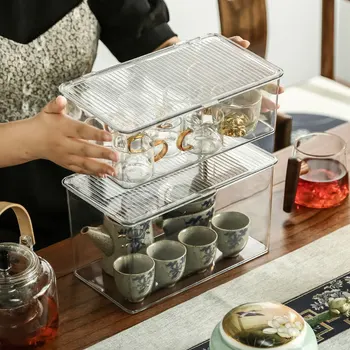 Коробка для хранения чайного сервиза Прозрачная чашка чайного гриба Чайная миска чайник Пылезащитная крышка Штабелируемый стеллаж для хранения коробка для хранения