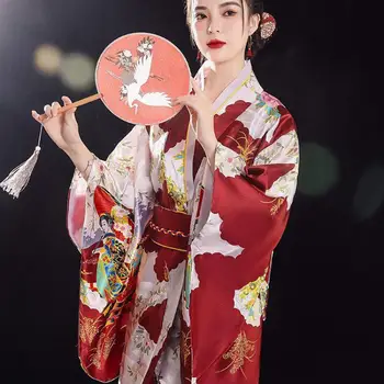 Женское кимоно с бордовым принтом, Оби, Традиционная японская Юката, женский костюм для косплея, сексуальная одежда для выступлений на сцене с V-образным вырезом.