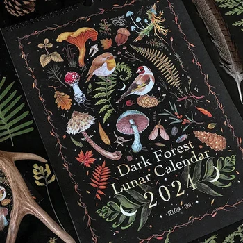 Лунный календарь Dark Forest размером 12 X 8 дюймов на 2024 год Содержит 12 Оригинальных иллюстраций, нарисованных В течение года, 12 Красочных ежемесячных