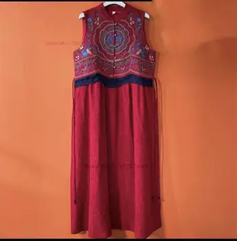 2024 китайское винтажное платье с воротником-стойкой, этническое платье ханфу без рукавов, восточное платье с национальной цветочной вышивкой, народное платье трапециевидной формы