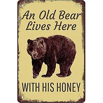 Новый старый медведь живет здесь, со своим медом, Ретро Винтажный Декор, Металлическая Жестяная Вывеска, Декор стен Домашнего бара.