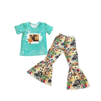Новая весенняя детская одежда в западном стиле, топ с коротким рукавом, расклешенные брюки, Комплект одежды для малышей Оптом