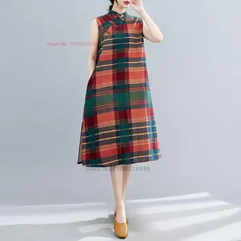 2024 китайское винтажное платье ципао, национальное платье ципао без рукавов, хлопковое льняное улучшенное восточное народное платье трапециевидной формы чонсам