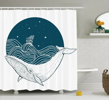 Занавеска для душа с китом, большой кит, плавающий в волнистом океане со звездами и изображением старинного корабля, занавеска для ванной комнаты