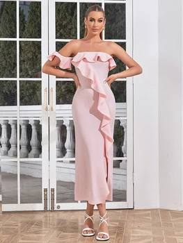 Сексуальное длинное платье без бретелек с оборками на одно плечо, женское элегантное розовое платье с открытыми плечами и открытой спиной, тонкое платье Макси с воланами, вечерняя вечеринка